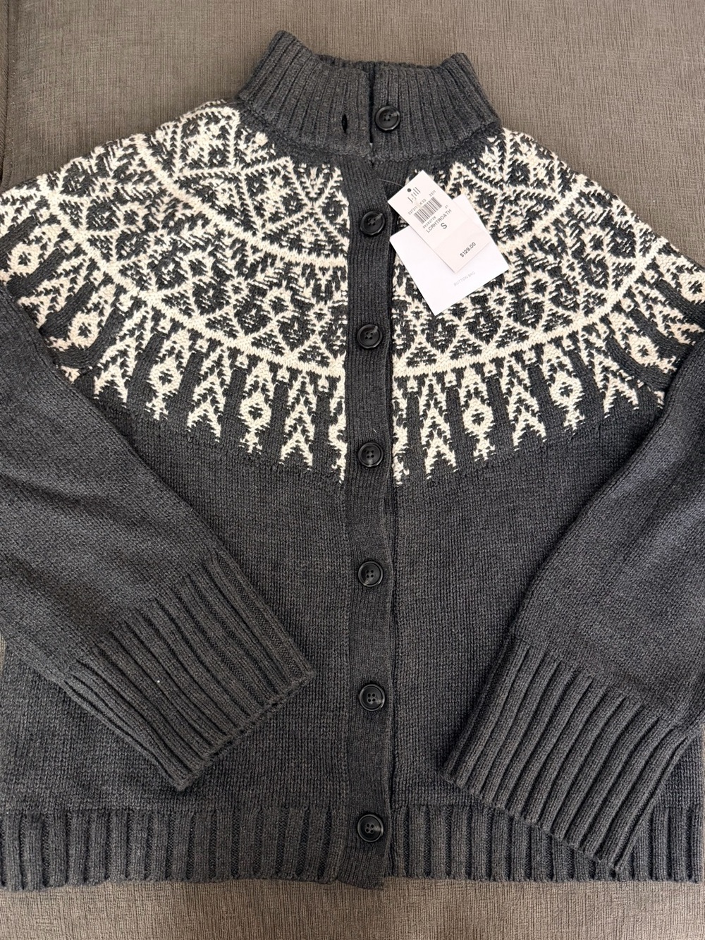 NWT J.Jill Dark Gray Button-Up Fair Isle Cardigan Sweater